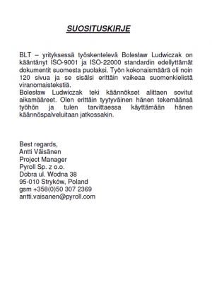referencje za tłumaczenia fińskie dla  Pyroll Oy